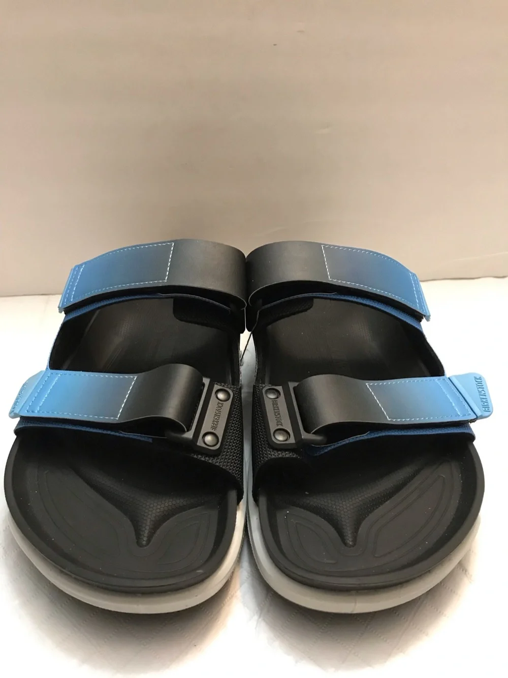 Birkenstock Light Blue and Black Dual-Strap Slides